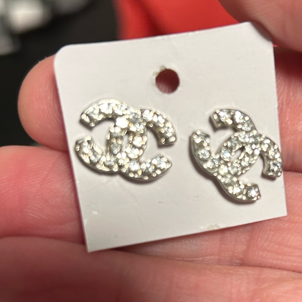 Silver Crystal Interlocking Cc Stud Earrings - Un… - image 5